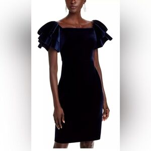 Eliza J Velvet On Or Off The Shoulder Ruffle Sleeve Dress Navy Blue 10
